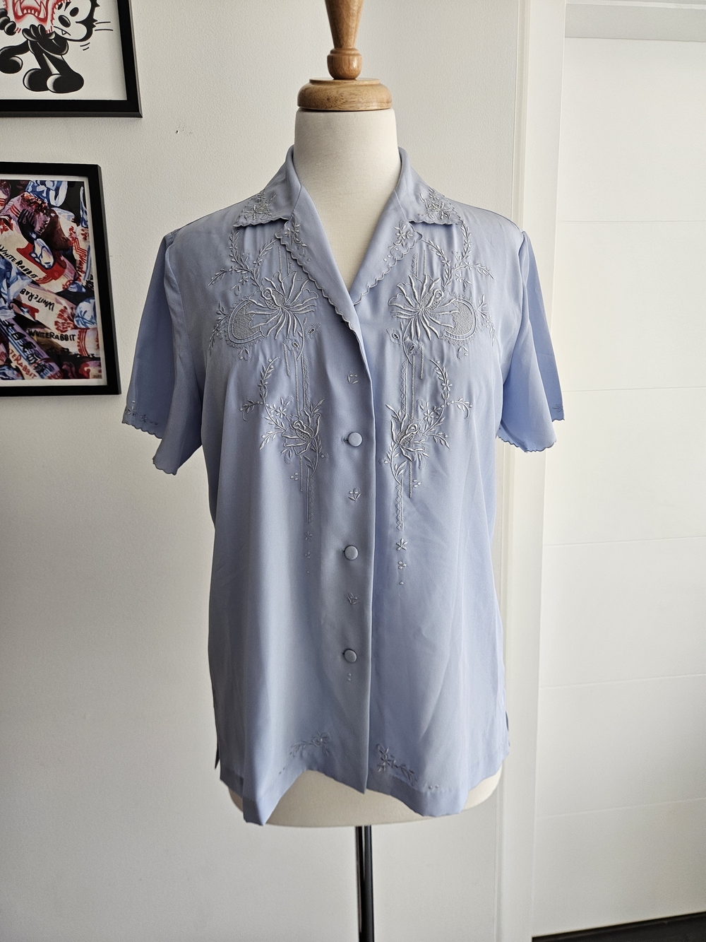 Vintage 100% Silk Light Blue Embroidered Button-Down Blouse